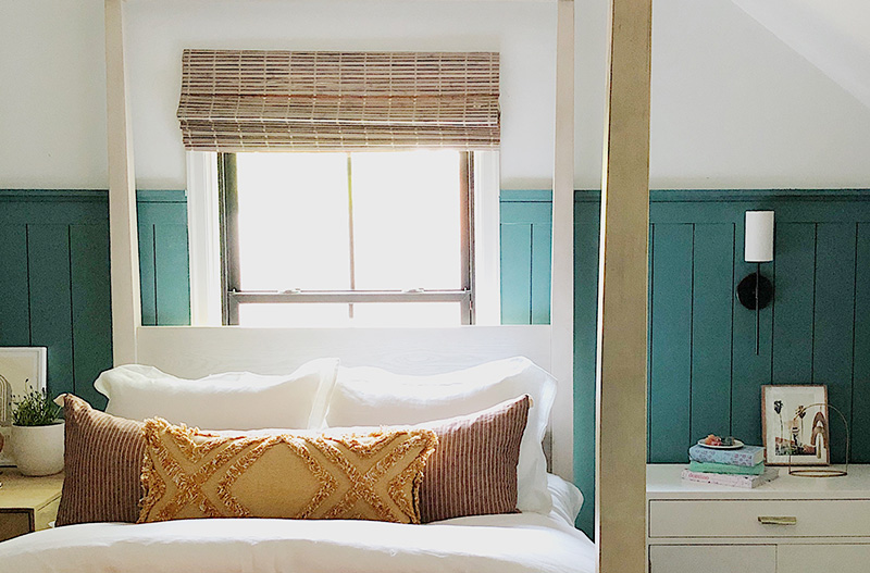Mitzi Olivia sconce: Photo credit House Seven Design - Sconce sizing by a bed - LightsOnline Blog 