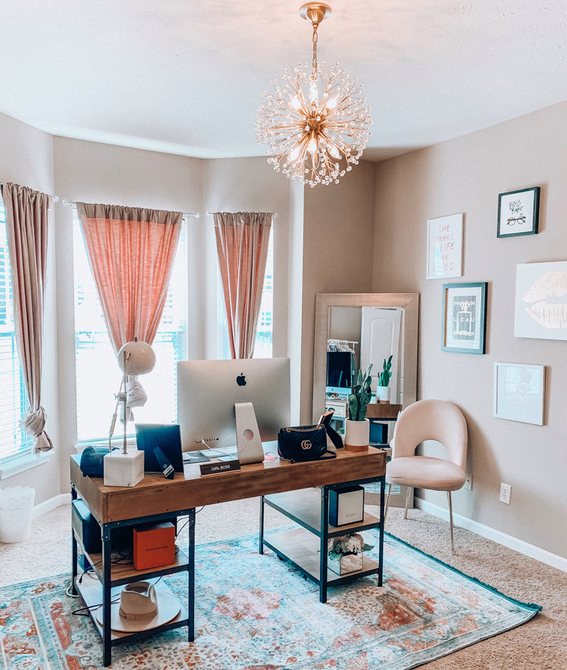 A home office with lots of style, including the sputnik style chandelier hanging above it all. Photo credit Megan Pittman of She is Meg Marie. - LightsOnline Blog